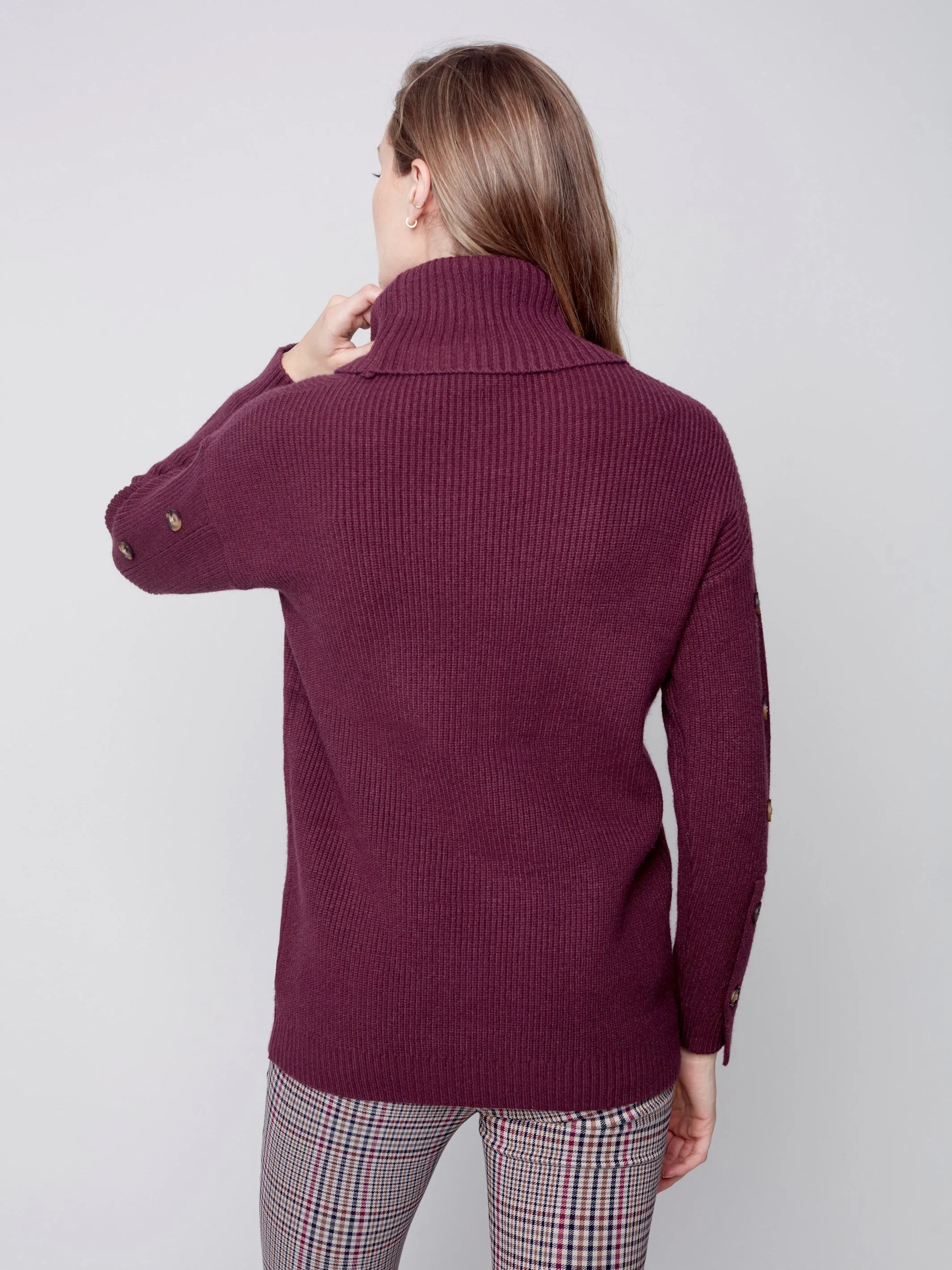 Cowl Neck Sweater with Button Detail - Port